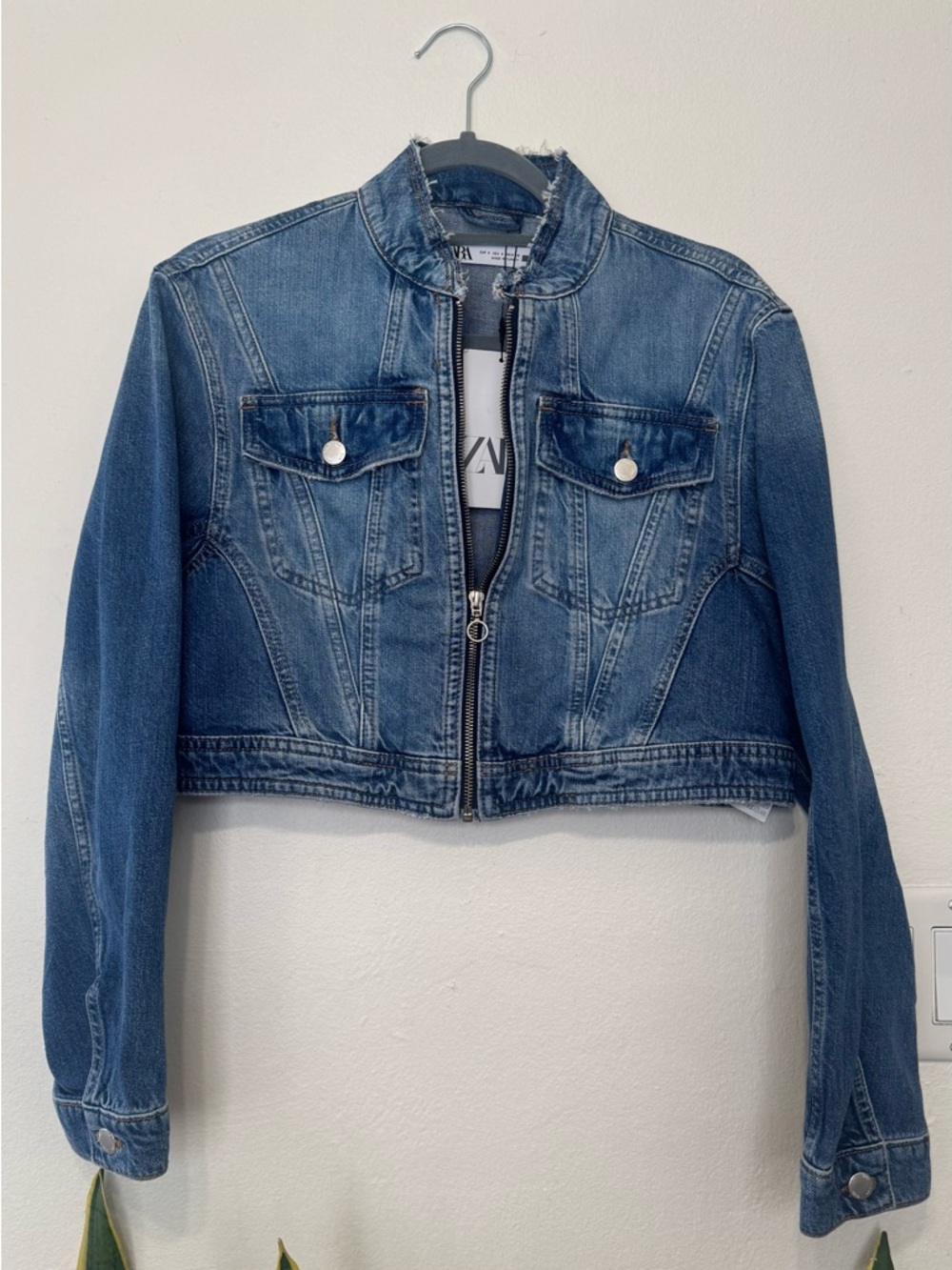 ZARA Distressed Light Blue Denim Jacket with Front Zip